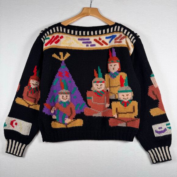 Vintage Berek Wool Hand Knitted Pullover Black Fall Native American Sweater sz M - Picture 1 of 5